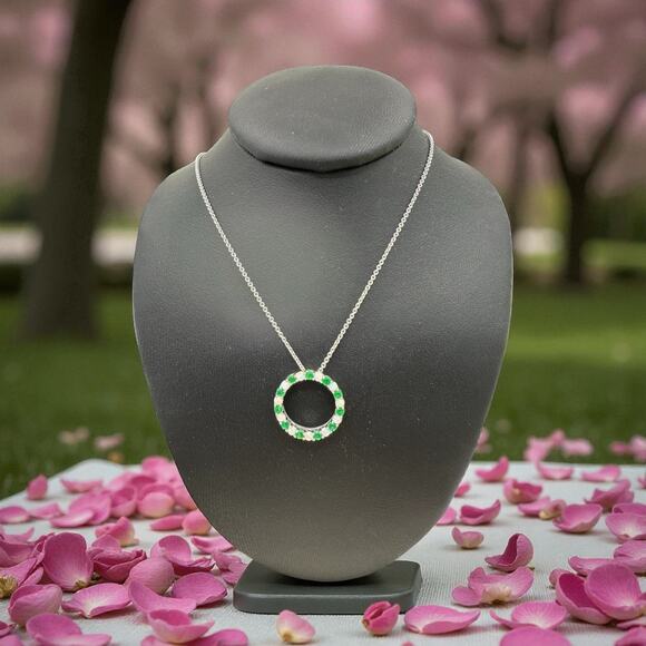 HP 🎉🎊Created Opal Emerald Circle Pendant Necklace 18in Sterling Silver - Picture 5 of 7